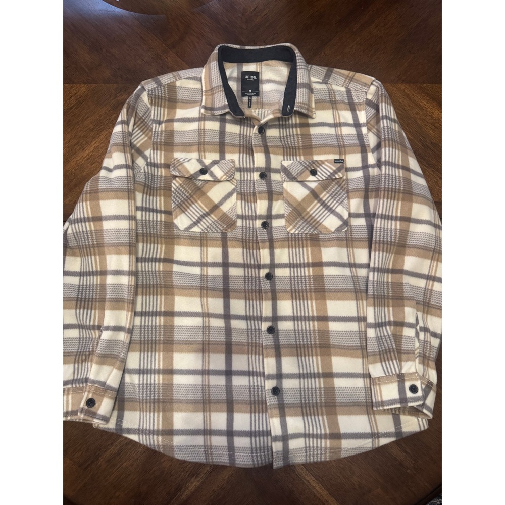 Union SEA//WA Plaid Flannel Shirt Jacket Men XL Beige Brown Button Up Casual |J1